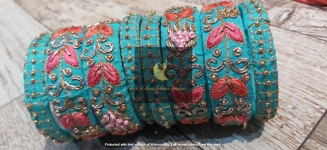 Zardosi work bangles Maggam Work Bangles, Silk Thread Bangles Design, Thread Bangles Design, Zardosi Work, Silk Thread Bangles, Thread Bangles, Bangles Design, Maggam Work, Bangle Designs