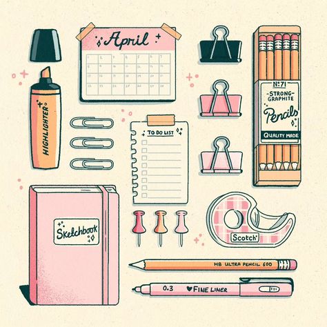 How To Design Stationery, Stationary Illustration, Journal Illustrations, Notebook Illustration, Pencil Sticker, Journal Illustration, Vintage Pencil, Work Stickers, Mid Century Illustration