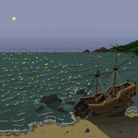 Waves Pixel Art, Ship Pixel Art, Sea Pixel Art, Ocean Pixel Art, Nature Pixel Art, Pixel Ocean, Pixel Beach, Pixel Nature, Wrecked Ship