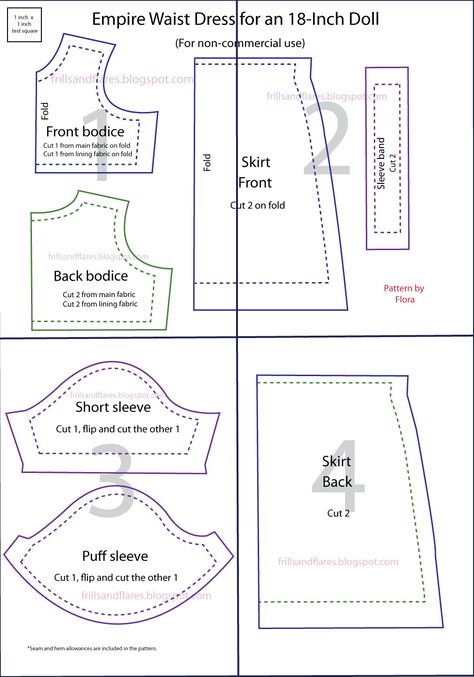 Frills and Flares: Empire Waist Dress for 18-inch dolls--Free PDF Printable Sewing Pattern and Sewing Tutorial Doll Dress Tutorial, Sew Doll Clothes Pattern Free Printable, 18inch Doll Clothes Patterns Free, 18in Doll Clothes Patterns Free, American Girl Doll Clothes Patterns Free, Dolls Clothes Patterns Free, Doll Dress Patterns Free Printables, Doll Clothes Patterns Free Printables, Empire Dress Pattern