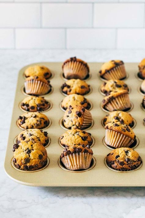 mini banana chocolate chip muffins Mini Banana Chocolate Chip Muffins, Mini Muffin Recipe, Mini Chocolate Chip Muffins, Chocolate Chip Muffin Recipe, Mini Bananas, Banana Chocolate Chip Muffins, Muffin Tin Recipes, Banana Chocolate, Banana Chocolate Chip