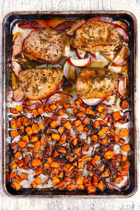 Sheet Pan Boneless Pork Chops with Apples - Bowl of Delicious Oven Roasted Pork Chops, Pork Chops With Apples, Pan Pork Chops, Apple Pork Chops, Pork Chop Dinner, Easy Sheet Pan Dinners, Sweet Potato And Apple, Boneless Pork Chops, Crockpot Pork