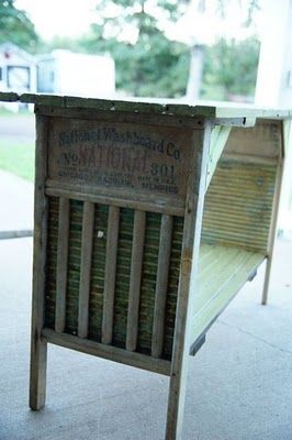 Awesome side table with old wash boards & beadboard! Old Washboards, Bead Board, Repurposed Items, Garage Sale, Redo Furniture, Repurposed Furniture, Primitive Decorating, Furniture Projects, Country Decor