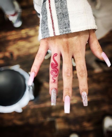 Red Lover Tattoo, Dragon On Finger Tattoo, Red Snake Hand Tattoo, Red Ink Finger Tattoos For Women, Red Snake Finger Tattoo, Red Cobra Tattoo, Finger Tattoos Dragon, Finger Dragon Tattoo, Snake Finger Tattoos For Women