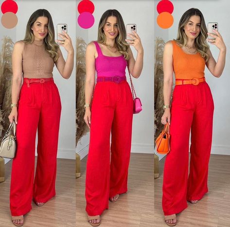 Outfit Pantalon Rojo, Colour Combinations Fashion, Color Combos Outfit, Color Blocking Outfits, Color Combinations For Clothes, Stylish Work Attire, Red Pants, Outfits Verano, Red Outfit