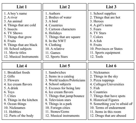 Printable Scattergories Lists 1 Printable Scattergories Lists, Fall Scattergories Lists, Scattergories Lists Printable Free, Scategories Lists, Weekly Dinner Planner Printable Free, Fall Scattergories, Scattergories Lists, Seniors Activities, Family Conversation Starters