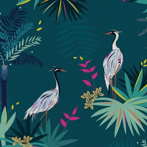 Tropical Painted Furniture, Teal Orange Wallpaper, Heron Wallpaper, Jungle Prints, Dark Green Wallpaper, Sara Miller, Coral Wallpaper, Navy Wallpaper, Green Bedroom