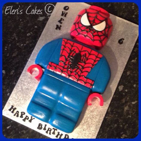 Lego spiderman cake :) Birthday Cake Decorating For Men, Cake Decorating For Men, Spiderman Cake Ideas, Spiderman Cake Topper, Lego Spiderman, Spiderman Birthday Cake, 6th Birthday Cakes, Superhero Birthday Cake, Novelty Birthday Cakes