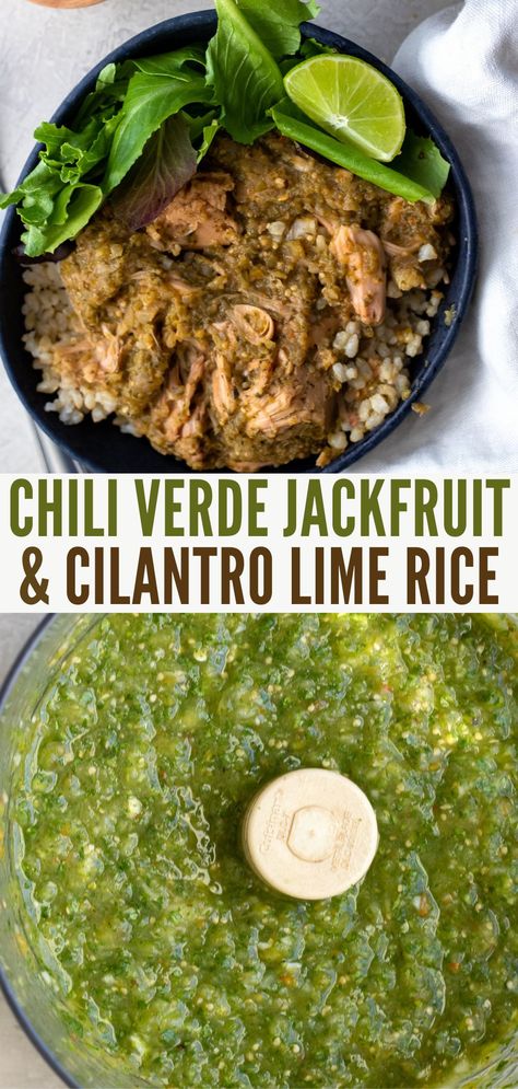 The flavor punch in this chili verde jackfruit with cilantro lime brown rice recipe is no joke. It is spicy, savory, tangy, mouth watering GOODNESS. #veganchiliverde #jackfruit #easyveganrecipes Jackfruit Crockpot Recipes, Green Jackfruit Recipes, Crockpot Jackfruit, Jackfruit Stew Crockpot, Vegetarian Green Chili, Jackfruit Chili Vegan Recipes, Vegan Jackfruit Stew, Latina Food, Lime Brown Rice