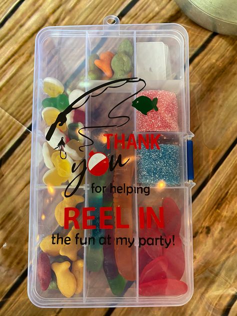 Teout fishing theme party favors. Gummy worms, fish, frogs, gold fish. Small tackle boxes from Amazon Snacks For Fishing Party, Fishing Goodie Bag Ideas, Fishing Party Games For Adults, Fish Theme Party Favors, Frog Party Favors, Fishing Theme Party Favors, Ofishally One Party Favors, Gone Fishing Retirement Party Ideas, The Big One Party Favors