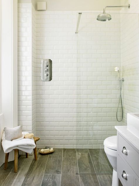 Wood Tile Shower, Wood Tile Bathroom, Wood Floor Bathroom, Beveled Subway Tile, Eclectic Bathroom, Shower Floor Tile, Wood Tile Floors, Trendy Bathroom, Design Studios