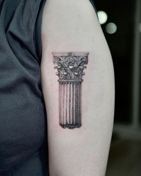 Fine Line Architecture Tattoo, Greek Pilar Tattoo, Columns Tattoo, Greek Pillar Tattoo, Architect Tattoo, Building Tattoo, Greek Ideas, Tats Ideas, Private Tattoos