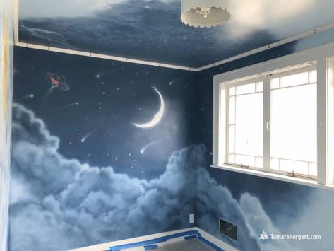 Home Daycare Decor, Night Sky Nursery, Sky Nursery, Outer Space Nursery, Daycare Decor, Mountain Mural, Space Themed Room, Kids Room Murals, Baby Room Themes