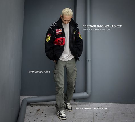 Ferrari Jacket Outfit Man, Air Jordan Dark Mocha, Racing Jacket Outfit Men, Ferrari Jacket Outfit, Ferrari Racing Jacket, Racer Jacket Outfit, Racing Jacket Outfit, Ferrari Jacket, Military Man