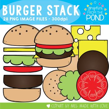 $4.50 Burger Stack! - Hamburger Color & Line Art Graphics This is a set of 28 individual files to use in your latest teaching resource files. The set includes graphics of all the parts of a burger in side and top view and a whole burger! Build A Burger Free Printable, Hamburger Crafts For Kids, Hamburger Craft, Hamburger Cookout, Writing Clipart, How To Make Hamburgers, Burger Party, Classroom Assessment, Funny Giraffe