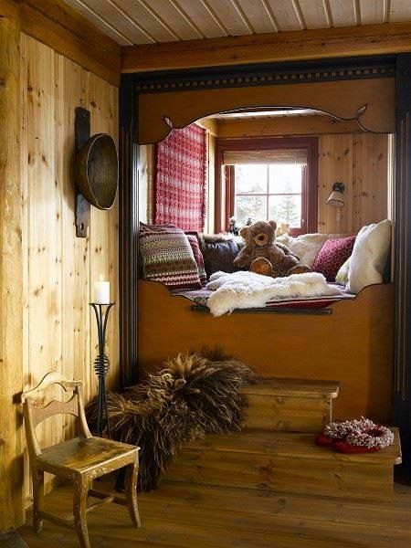 We adore this rustic reading nook for kids! We would have loved to climb up those stairs and read with our teddy bear all day. Alcove Bed, Sleeping Nook, Rustic Homes, Bedroom Nook, Built In Bed, Cabin Bedroom, Alpine Style, Chalet Style, Children Bedroom