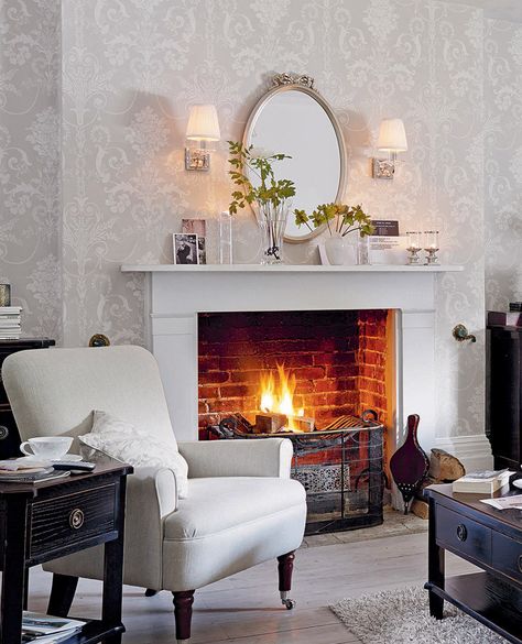 Josette White/Dove Grey Wallpaper #lauraashleyhome Laura Ashley Josette Wallpaper, Grey Damask Wallpaper, Winter Living Room Decor, Wallpaper Fireplace, Winter Living Room, Living Room Decor Fireplace, White Dove, Trendy Living Rooms, Damask Wallpaper