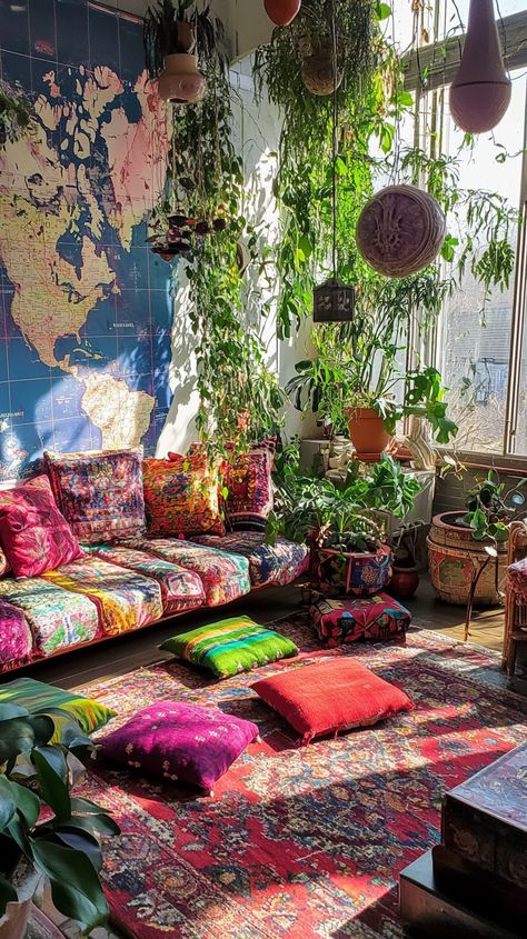 Immerse in the free spirit of a Sagittarius' sunroom 🌞✨, featuring vibrant floor cushions, lush hanging plants 🌿, and a world map mural🌎. Dive into eclectic decor that inspires wanderlust and creativity! Perfect for dreamers and adventurers alike. 🎈🗺️ Sunroom Boho, Housing Aesthetic, Map Mural, World Map Mural, Map Murals, Air Bnb, Room Signs, Boho Vibe, Eclectic Decor