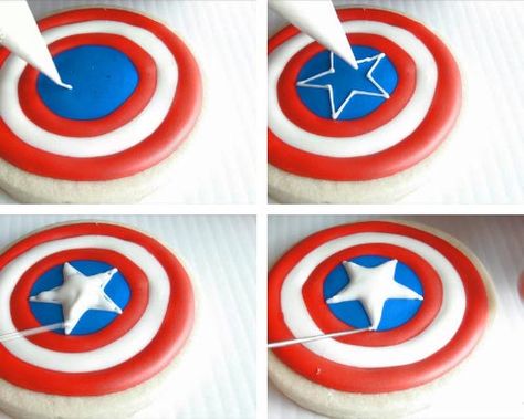 Piping a star with royal icing. Captain America Cookies, Marvel Cookies Decorated, Marvel Cookies, Captain America Cookies Decorated, Superhero Cookies Decorated, Avengers Cookies Decorated, Superhero Decorated Cookies, Iron Man Cookies Decorated, Super Hero Cookies