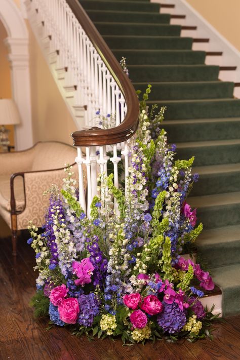 Delphinium, Hydrangea and Orchid Floral Arrangement Blue Delphinium Centerpiece, Wedding Flower Arrangements Purple, Tropical Wedding Centerpieces, Delphinium Flowers, Blue Hydrangea Flowers, Bridal Bouquet Pink, Flower Arrangement Designs, Green Orchid, Wedding Bouquets Pink