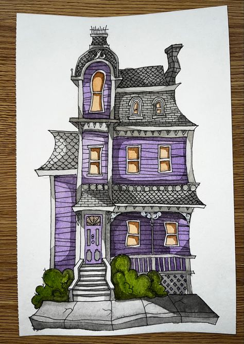 Victorian House Painting Art, Watercolor Haunted House, Spooky House Painting, Spooky Watercolor Art, Halloween House Drawing, Spooky House Drawing, Tim Burton House, Haunted House Watercolor, Haunted House Painting