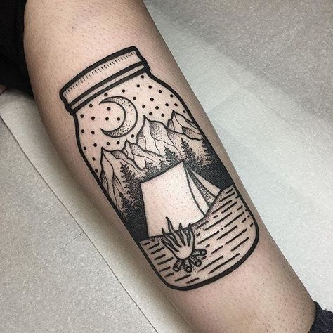 camping scene in a jar #jamesarmstrong #linework #tattoo #tattoodo Small Nature Tattoo, Wilderness Tattoo, Camping Tattoo, Scene Tattoo, Linework Tattoo, Camping Scene, Moon Tattoos, Bottle Tattoo, Thai Tattoo