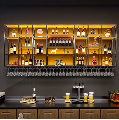 Restaurant Bar Decor Iron/ Aluminium/ Stainless Steel Wine Shelves Display Shelf Wall Wine Rack - Buy Wine Shelves Display,Wine Display Shelf,Wall Wine Rack Product on Alibaba.com Bar Back Wall Design, Back Bar Design Restaurant, Bar Wall Design Home, House Bar Design, Bar In House, Wall Bar Ideas, Bar Cabinets For Home, Bar Wall Design, Back Bar Design