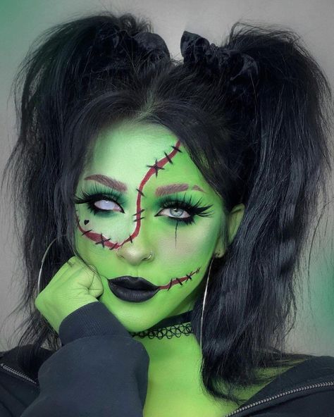 Cool Costume Makeup, Halloween Makeup Ideas Women, Easy Monster Makeup Women, Halloween Body Painting Ideas, Green Halloween Makeup Looks, Women Frankenstein Costume, Green Face Makeup Halloween, Red Wig Halloween Costumes Ideas, Frankinstine Makeup