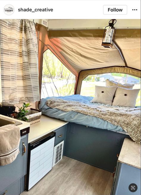 Palomino Pop Up Camper, Pop Top Camper Renovations, Tent Trailer Decor, Jayco Pop Top Caravan Renovation, Remodeled Pop Up Camper Diy, Pop Up Camper Shower Ideas, Pop Up Camper Outside Paint, Retro Pop Up Camper, Rustic Pop Up Camper Remodel