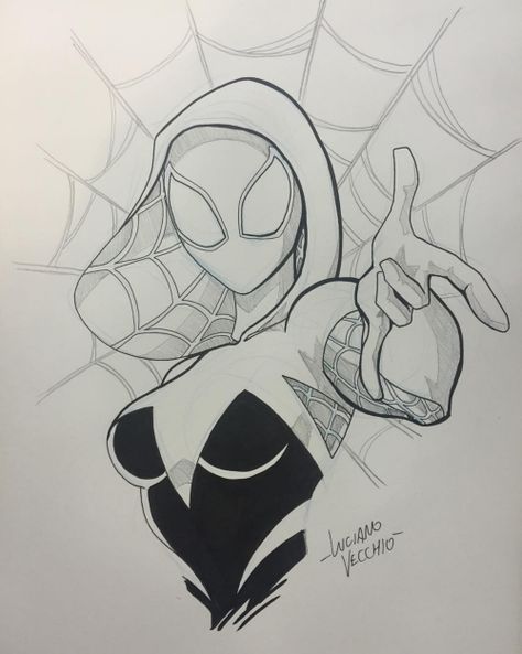 Spider-Gwen - Luciano Vecchio Spider Gwen Art, Spiderman Sketches, Spiderman Girl, Marvel Art Drawings, Spiderman Drawing, Spiderman Art Sketch, Man Sketch, Spider Art, Art Tools Drawing