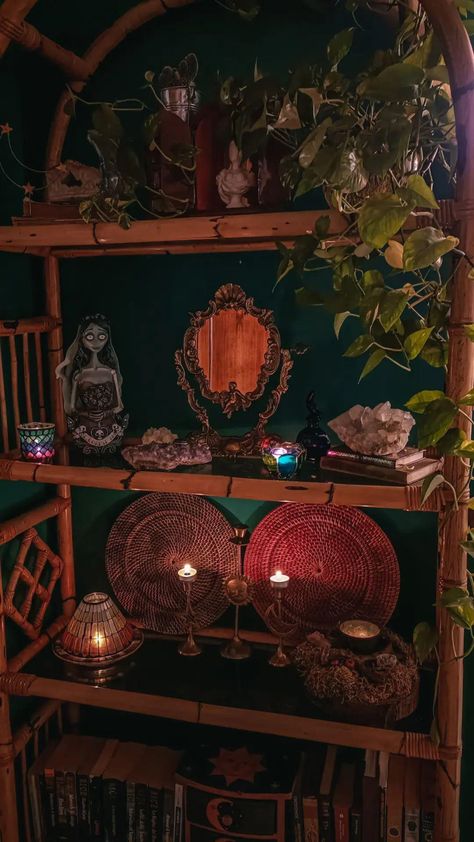 My witchy ideas #witch #moodyinterior #moody Swamp Witch Aesthetic Bedroom, Witch Interiors, Mystic Bedroom, Witchy Decor Witch Cottage, Witchy Closet, Witch Cottage Interior, Witch Aesthetic Bedroom, Yoga Shed, Witch Shelf