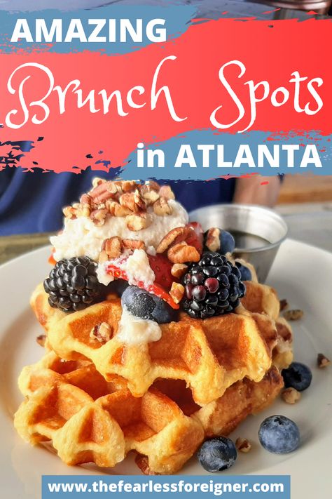 Leige waffles with berries at an Atlanta brunch restaurant. Places In Atlanta, Atlanta Breakfast, Atlanta Brunch, Brunch Items, Food Tourism, Atlanta Restaurants, Brunch Places, Brunch Restaurants, Chicken And Biscuits