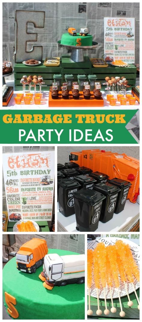 A garbage truck boy birthday party with mini garbage can favors and custom made garbage trucks!  See more party planning ideas at CatchMyParty.com! Recycling Birthday Party Ideas, Garbage Truck Party Ideas, Garbage Truck Balloon Garland, Recycle Truck Birthday Party, Garbage Truck Birthday Party Favors, Recycle Birthday Party, Garbage Truck Birthday Party Ideas, Garbage Truck Theme Birthday Party, Garbage Themed Birthday