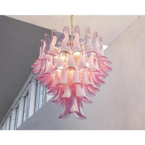 Fuchsia & White Color Murano Glass Petal Chandelier, Italy, 1990s Champagne Poetry, Murano Lamp, Murano Chandelier, Organic Forms, Murano Glass Chandelier, White Stain, Flower Petal, Accent Lamp, Contemporary Glass