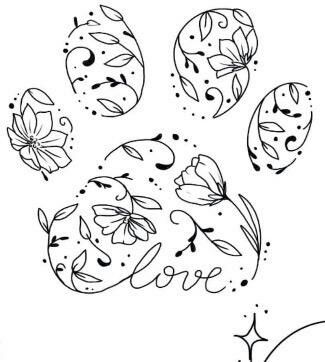 Floral Dog Paw Tattoo, Dog Outline Flower Tattoo, Paw Prints And Flowers Tattoo, Paws And Flowers Tattoo, Dog Flower Tattoo, Cat And Dog Flower Tattoo, Paw Print Drawing, Floral Paw Print Embroidery, Puppy Embroidery Designs