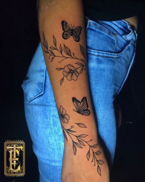 Tattoo Cover Up Forearm Women, Butterfly Half Sleeve Tattoo For Women, Feminine Lower Arm Tattoo, Important Tattoo Ideas, Vine Going Up Arm Tattoo, Butterfly Flower Sleeve Tattoo, Lower Arm Tattoos For Women Sleeve, Cute Small Arm Tattoos For Women, Butterfly On A Flower Tattoo