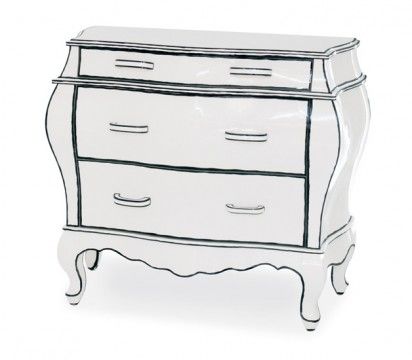 This LOOKS like a cartoon... but is simply a techique to turn consignment furniture into something much more. Paint white, add "cartoon" outlining, and have a home decor that makes you smile! HowToConsign.org found this cartoon furniture by seletti Armoire Design, Contemporary Living Room Furniture, Interior Designer Logo, Black And White Cartoon, Painted Chest, Dresser Storage, 3 Drawer Chest, Modern Dresser, Quirky Design