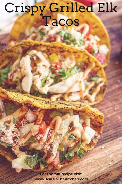 These delicious #Elk #Tacos are so delicious! Elk is a delicious game meat that everyone should try at least once. The crispy, seared corn tortilla is brushed with chili oil and topped with onions, cabbage, tomatoes and has a drizzle of Ancho Chile Aioli and Hot Sauce. 😋 #mexicanfood #dinnerideas #gamemeat #hunting #tortillas #corn #dinner #recipes #homecooking #homecooked #kidfriendly #tacotuesday #yum #yummy #foodblogger #chili #peppers #homemade #grilling #grilledmeat #taco #tacotuesday Corn Dinner Recipes, Elk Tacos, Corn Dinner, Tongue Tacos, Elk Meat, Game Meat, Corn Tortilla, Chili Oil, Taco Recipes