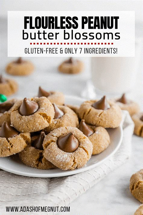 Flourless peanut butter blossoms are naturally gluten-free and so delicious. The combination of peanut butter and chocolate is definitely a crowd-pleaser, and these cookies are no exception. Peanut butter blossoms are such a holiday classic, and now you can make them gluten-free, too! #glutenfree #peanutbutter #cookies Gluten Free Christmas Cookies, Butter Blossoms, Peanut Butter Blossom Cookies, Peanut Butter Blossoms, Gluten Free Peanut Butter, Gluten Free Christmas, Peanut Butter And Chocolate, Gf Desserts, Gluten Free Sweets