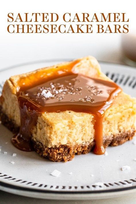 Caramel Cheesecake Bars, Cheesecake Squares, Salted Caramel Cheesecake, 8x8 Pan, Handle The Heat, Cheesecake Bar Recipes, Creamy Caramel, Caramel Cheesecake, Cracker Crust