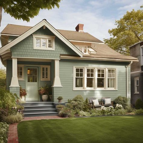 10+ Popular Colors Setting the Trend for House Exteriors • 333+ Images • [ArtFacade] Historic House Colors Exterior, House Color Palettes Exterior, Sage Green Home Exterior, Sage Exterior House Colors, Craftsman House Colors Exterior, Sage House Exterior, Sage Green Exterior House, Sage Green House Exterior Color Palettes, Popular House Colors Exterior