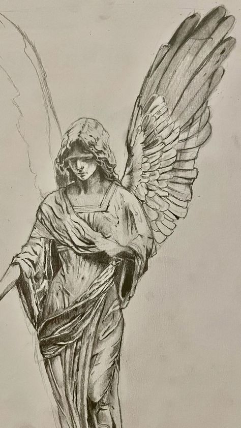 Statues Drawing, Statue With Wings, Greek Drawing, فنسنت فان جوخ, Art Statues, Woman Statue, Istoria Artei, Výtvarné Reference, Angel Drawing