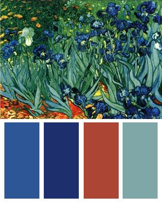 Color Palette inspired by Vincent van Gogh's Irises in the Garden.  http://blog.bandagedear.com/2012/05/color-palettes-for-home-decorating-inspired-by-vincent-van-gogh/ Van Gogh Palette Color Schemes, Van Gogh Color Palette, Color Palettes For Home, Pallet Gardens, Clay Cafe, Paper Petals, Van Gogh Irises, Kaleidoscope Quilt, Arte Van Gogh