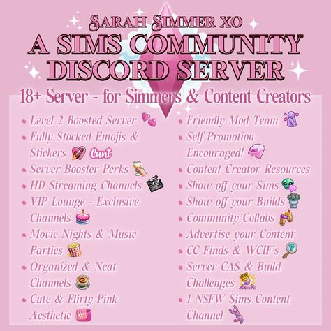 Join my Sims Community Discord Server!! ☁️💗✨ We’re so close to reaching out 200 member milestone and it hasn’t even been two months since we opened!!! The server is decked out with so many features for ALL members to enjoy, as well as perks for Server Boosters!! 💘 JOIN HERE: https://discord.gg/XvtZB3csQg (INVITE LINK IN BIO AS WELL!!) 🏷️: #thesims4 #thesims #sims4 #simsta #simstagram #thesimscommunity #simblr #sims4cc #ts4cc #simscommunity #showusyoursims #showusyourbuilds My Sims, Vip Lounge, Sims Community, Self Promotion, Ts4 Cc, Discord Server, The Sims4, Movie Night, Content Creator