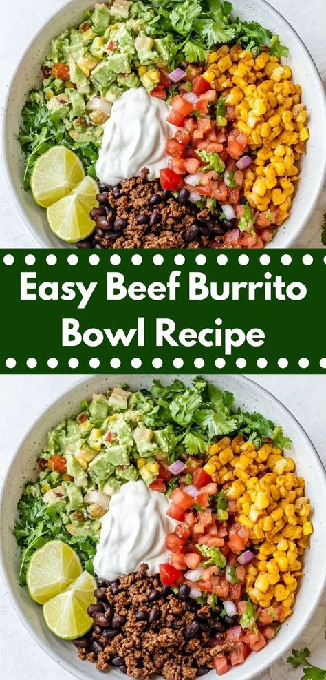 Need a satisfying meal for the whole family? Discover this Easy Beef Burrito Bowl Recipe, featuring hearty ingredients and customizable toppings. It's a delightful way to enjoy beef recipes any night of the week. Beef Burrito Bowl Recipe, Beef Burrito Bowl, Healthy Burrito Bowl, Burrito Bowl Recipe, Beef Burrito, Ground Recipes, Burrito Bowls Recipe, Beef Rice, Beef Bowls