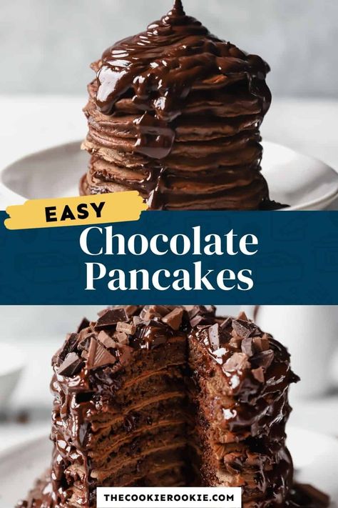 Double Chocolate Pancakes, Chocolate Chip Pancakes Recipe, Homemade Chocolate Sauce, Pancake Mix Recipe, Homemade Pancake Recipe, The Cookie Rookie, Cookie Rookie, Chocolate Pancakes, Chocolate Chip Pancakes