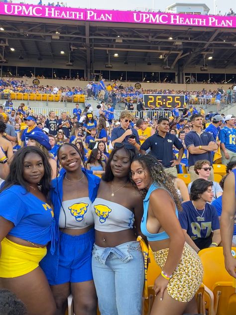 Pitt Football Game Outfit, Pitt Game Day Outfit, Blue And Yellow Game Day Outfits, College Game Day Outfit Black Women, University Of Pittsburgh Aesthetic, College Gameday Outfits Black Women, Hbcu Game Day Outfit, Game Day Outfit College, Black Friend Group