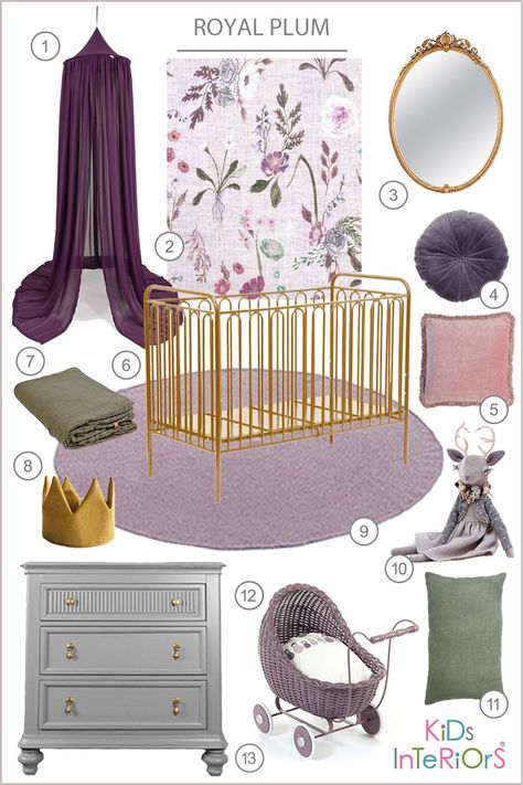 Gem Tone Nursery, Dusty Purple And Sage Nursery, Purple Nursery Color Palette, Purple And Green Baby Room, Purple Nursery Aesthetic, Nursery Wall Inspiration, Green And Purple Nursery Girl, Purple Baby Nursery Ideas, Deep Purple Nursery