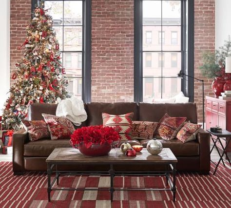 Living Room: Ideas, Furniture & Decor | Pottery Barn Cozy Christmas Living Room, Brown Couch, Beautiful Christmas Decorations, Christmas Living Rooms, Christmas Lovers, Cozy Christmas, Christmas Inspiration, Printed Pillow, Beautiful Christmas