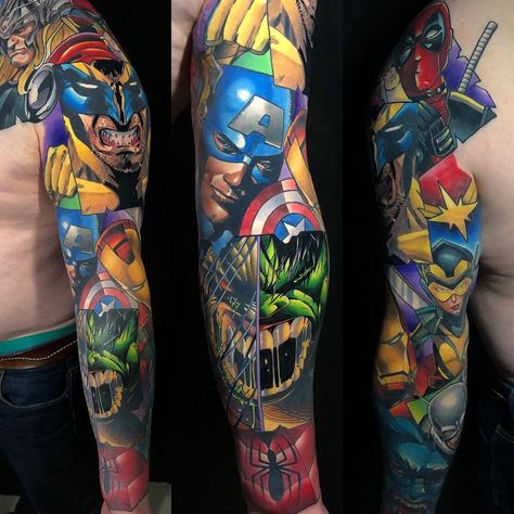 Marvel Sleeve Tattoo, Marvel Sleeve, Marvel Tattoo Sleeve, Marvel Tattoo Ideas, Super Hero Tattoos, Venom Tattoo, Comic Book Tattoo, Hero Tattoo, Avengers Tattoo